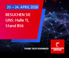 Schmuckbild: Eine rot/blaue Grafik zur Hannover Messe 2026 mit dem Hinweis, dass der MWK-Stand B56 in Halle 11 zu finden ist.