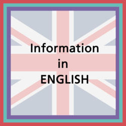 Grafik mit britischer Flagge und dem Schriftzug ‚Information in ENGLISH‘. Ein farbiger Rahmen in Rot, Türkis und Violett umgibt die Darstellung.