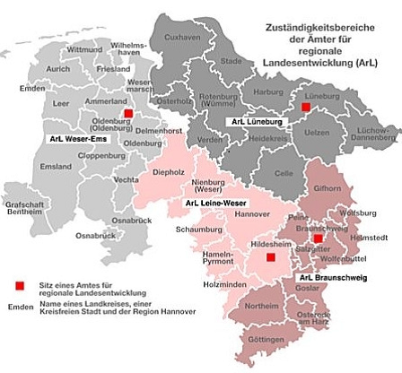 Nicht barrierefrei: Karte Aufteilung der Zuständigkeitsbereiche der Ämter für regionale Landesentwicklung