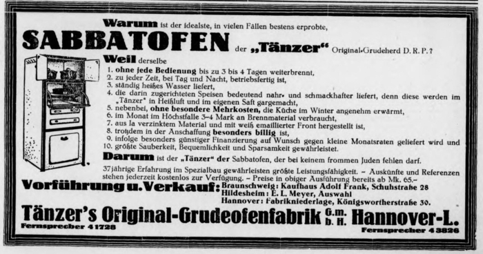 Spezielle Sabbatöfen, die die Speisen warmhielten, wurden in Hannover zum Kauf angeboten. Quelle: Nachrichtenblatt 1928, Nr. 16 v. 27. April, S 4.