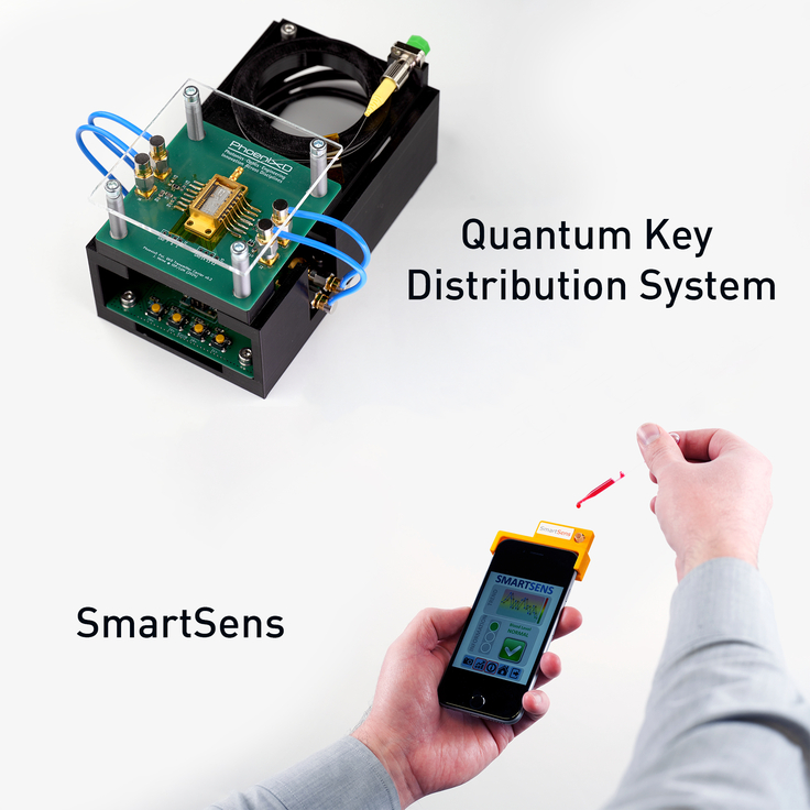 Ein Mensch hält ein Smartphone, auf dem ein Aufsatz auf dem Teil mit der Kamera steckt. Er hält über den Aufsatz eine Pipette mit roter Flüssigkeit. Das Display zeigt eine App an, die die Messergebnisse als „normal“ ausgibt.