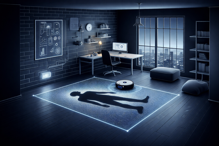 Zu sehen ist ein dunkler Tatort mit der Silhouette eines Menschen auf dem Boden und einem Staubsaugerroboter in der Nähe.