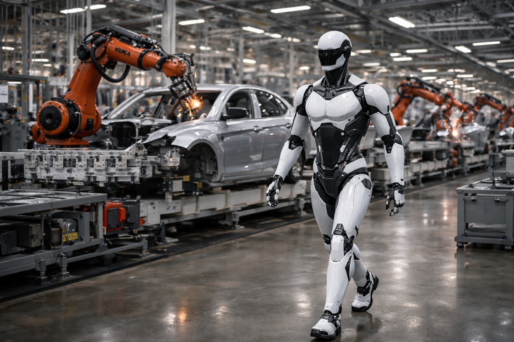 Ein weißer, humanoider Roboter läuft durch eine Produktionshalle mit Autos im Hintergrund.