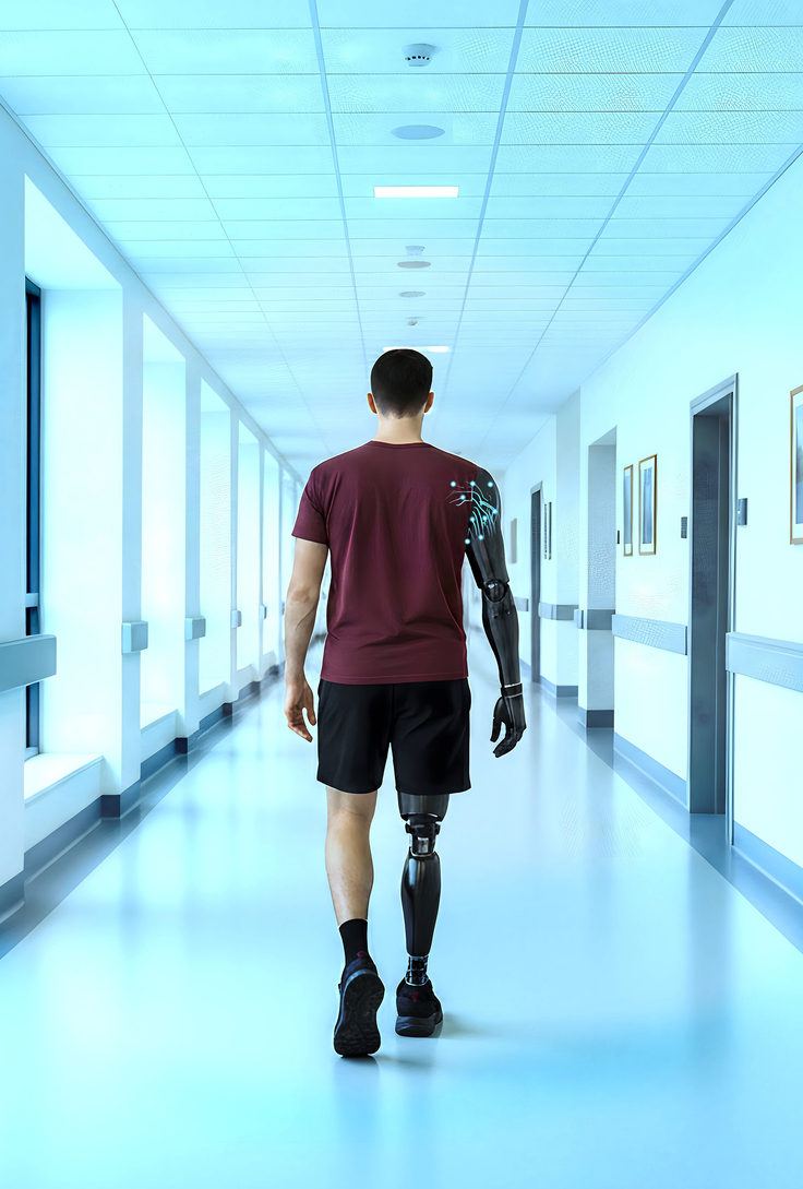 Ein circa 30 Jahre alter Mann mit schwarzen, kurzen Haaren, einem künstlichen Arm und einem künstlichen Bein läuft über einen Krankenhausflur.