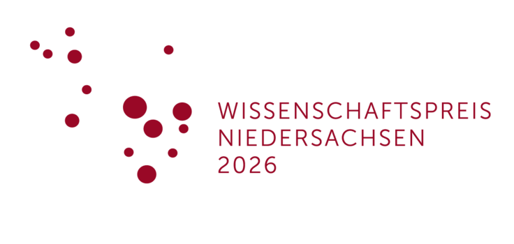 Die Grafik zeigt das Logo des Wissenschaftspreises 2026 in einer rostroten Farbe