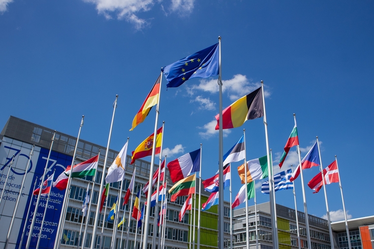 Zahlreiche Flaggen verschiedener europäischer Länder sowie die EU‑Flagge wehen an hohen Masten vor einem modernen Gebäude. Im Hintergrund blauer Himmel mit wenigen Wolken; links ist ein großes Banner zur europäischen Demokratie sichtbar.