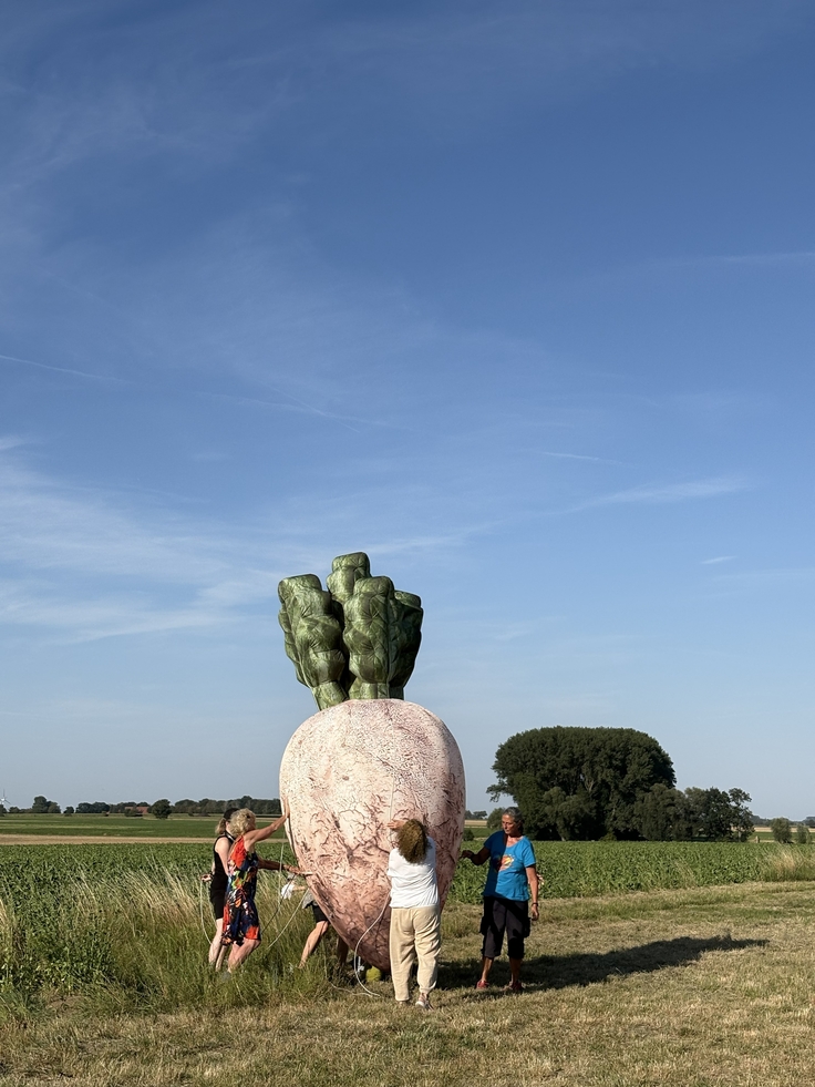 Mehrere Personen stehen auf einer Wiese um eine überdimensionale Skulptur in Form einer Rübe mit grünen Blättern. Die Skulptur wird mit Seilen gehalten. Im Hintergrund sind Felder, Bäume und ein weiter Himmel zu sehen.