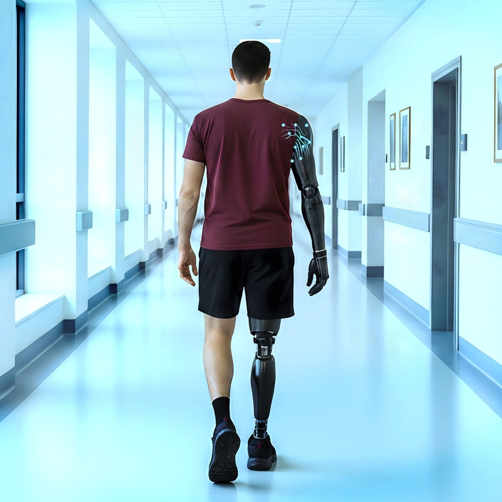 Ein circa 30 Jahre alter Mann mit schwarzen, kurzen Haaren, einem künstlichen Arm und einem künstlichen Bein läuft über einen Krankenhausflur.