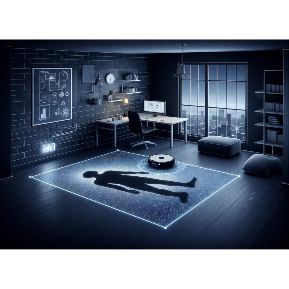 Das Bild zeigt ein dunkles Zimmer beziehungsweise einen Tatort, auf dem Boden ist die Silhouette eines Menschen zu erkennen. Ein Staubsaugerroboter fährt um die Silhouette herum.