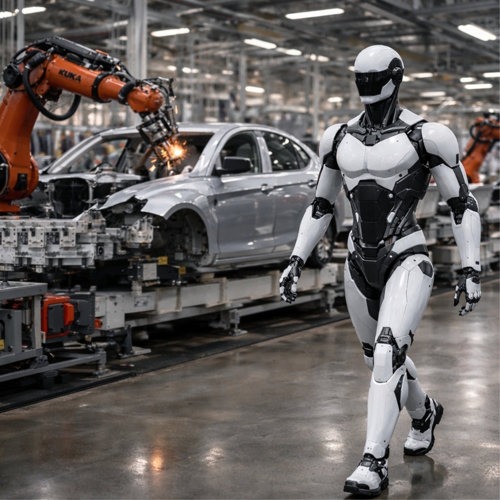 Ein weißer, humanoider Roboter läuft durch eine Montagehalle für Autos.