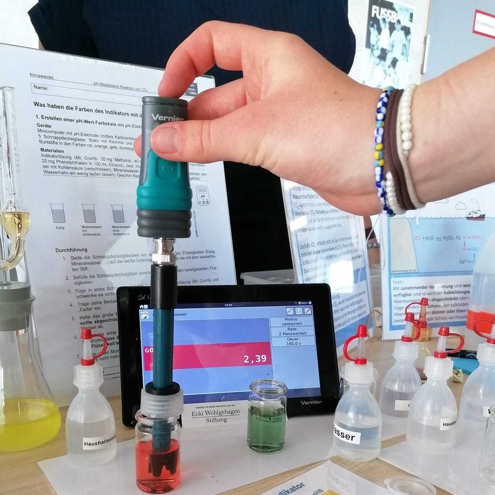 Laboraufbau zur pH‑Messung: Eine Hand hält einen Sensor in ein kleines Glas mit roter Flüssigkeit. Daneben stehen beschriftete Fläschchen und Glasgefäße mit Lösungen. Ein Tablet zeigt den Messwert 2,39, davor liegt eine farbige pH‑Skala.
