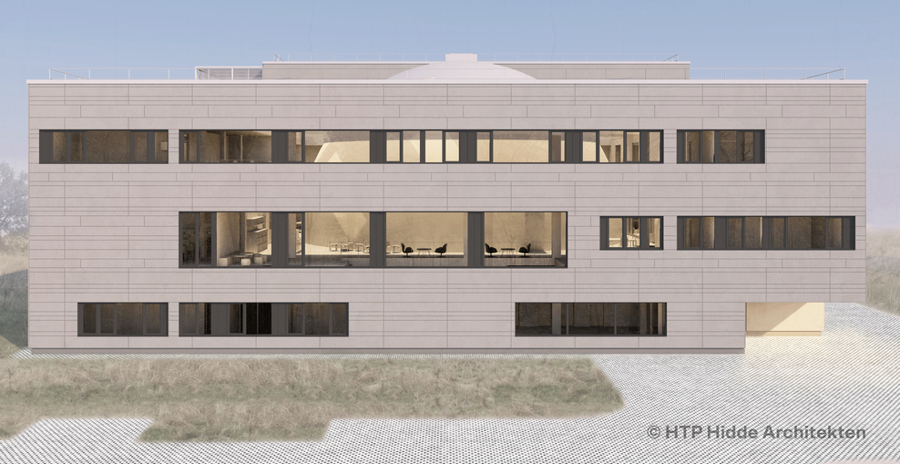 Das Bild zeigt eine frontal dargestellte Architekturvisualisierung eines modernen, mehrgeschossigen Gebäudes.