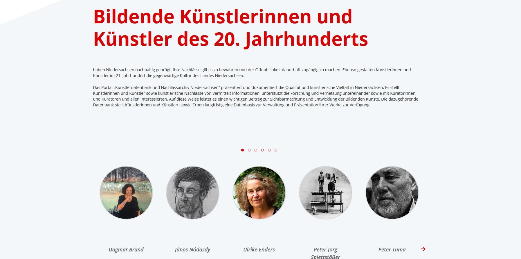 Screenshot der Startseite der Künstlerdatenbank Niedersachsen